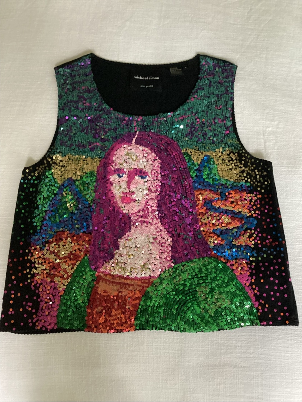 Vintage Michael Simon Mona Lisa Sequin Tank Top Medium Wearable Art Vest Y2K - Picture 5 of 13